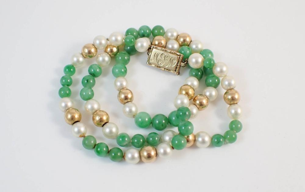 JADE, PEARL AND FOURTEEN KARAT GOLD