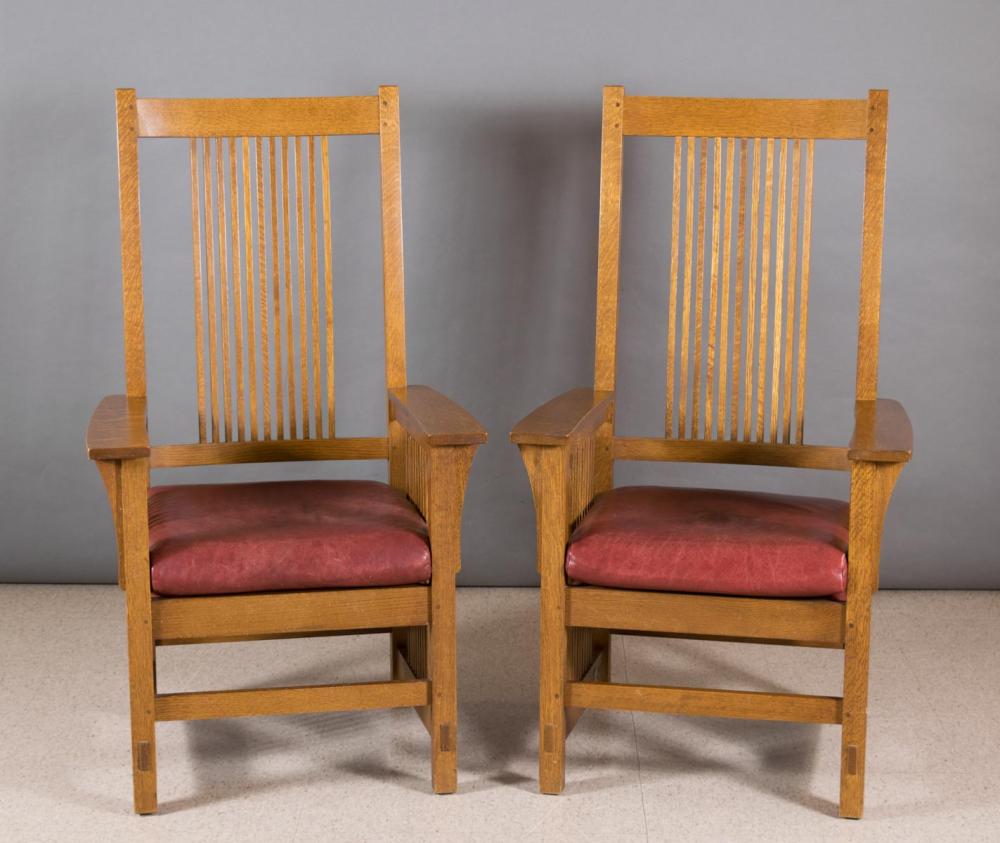 PAIR OF STICKLEY OAK SPINDLE ARMCHAIRS  33f383