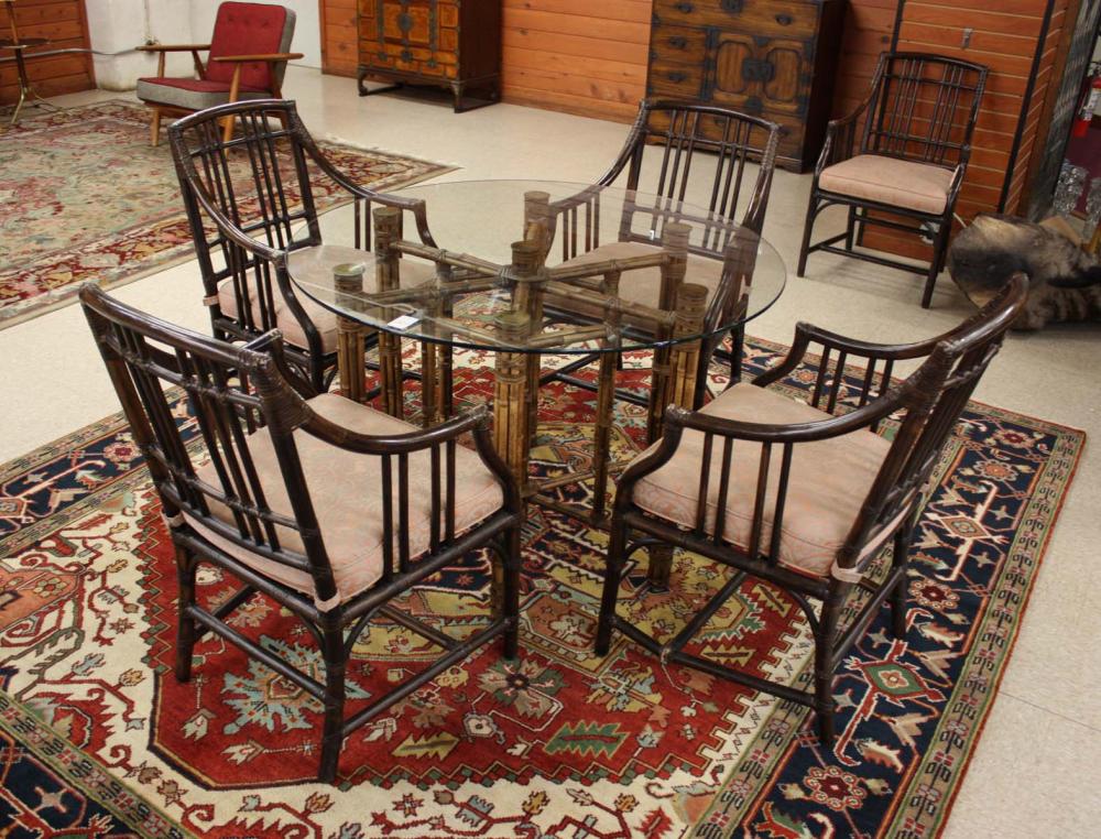 MCGUIRE DINING TABLE AND SIX ARMCHAIRS