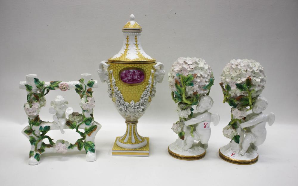 FOUR PORCELAIN FLOWER ENCRUSTED VESSELS,