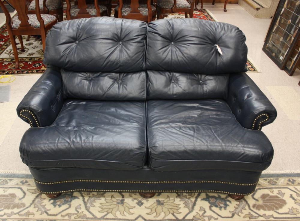 CONTEMPORARY BLUE LEATHER LOVESEAT,