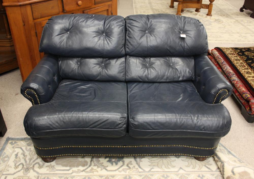 CONTEMPORARY BLUE LEATHER LOVESEAT,