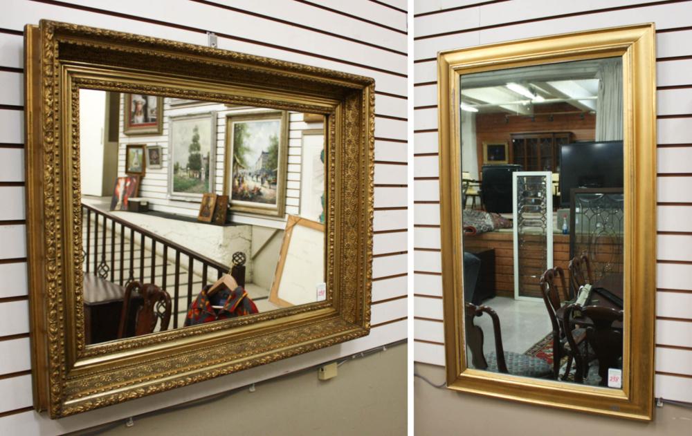 TWO ANTIQUE GILT-WOOD WALL MIRRORS,