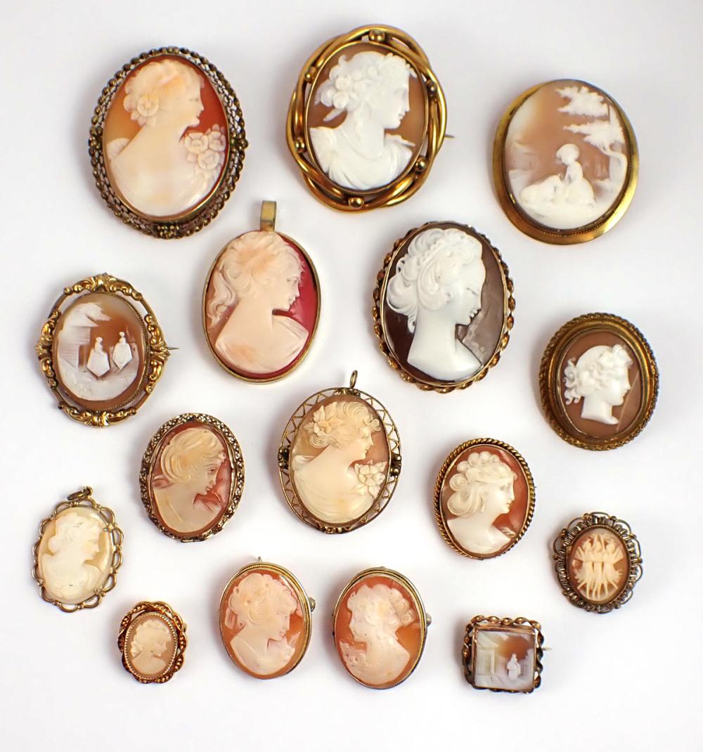 COLLECTION OF SIXTEEN CAMEO PENDANT/BROOCHES,