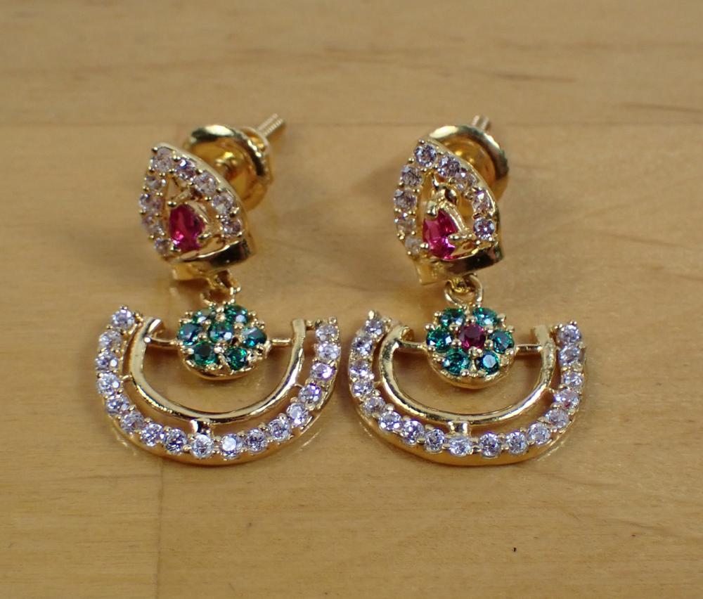 PAIR OF DIAMOND, RUBY AND EMERALD