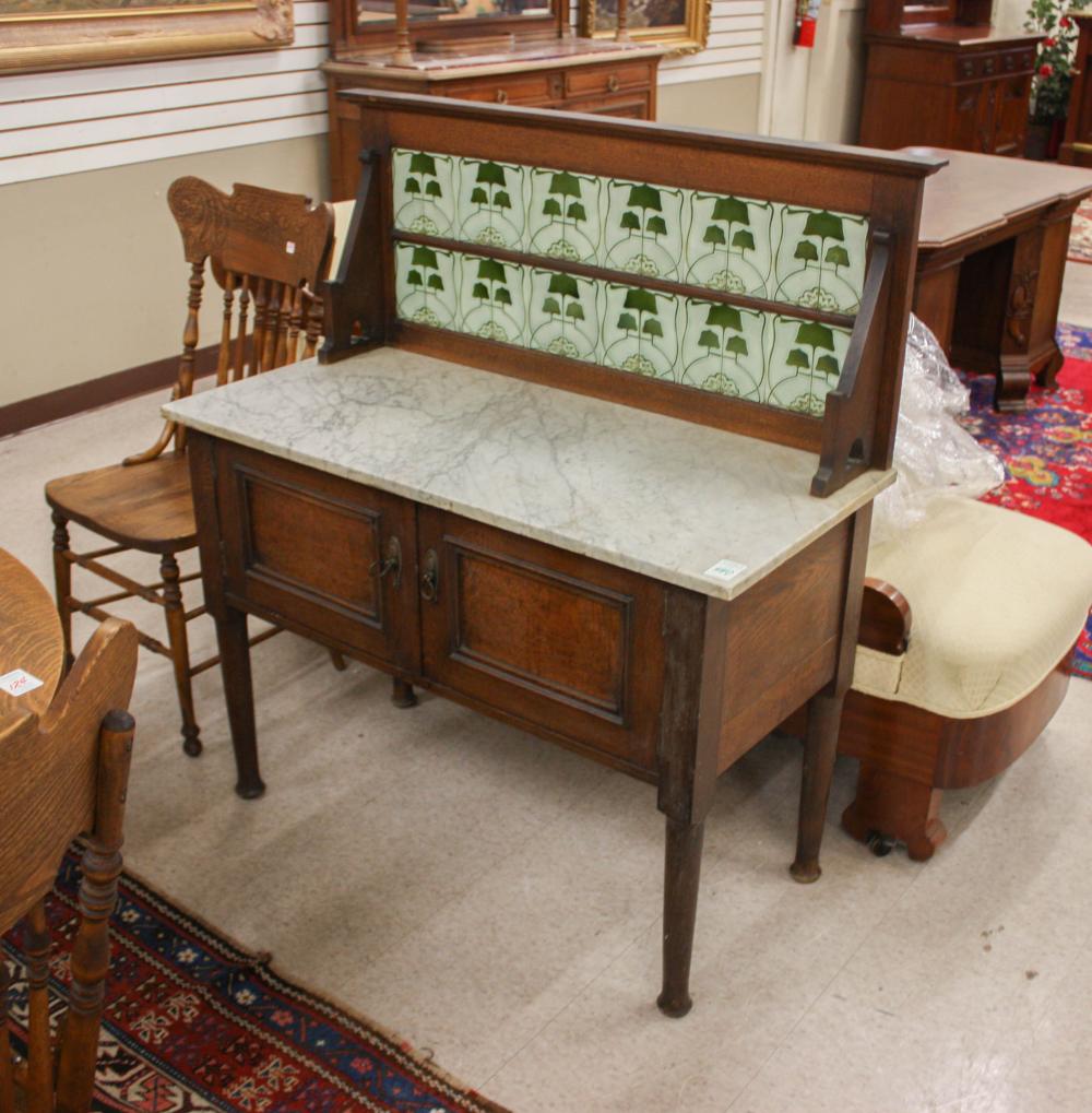 OAK MARBLE-TOP, TILE-BACK WASHSTAND,