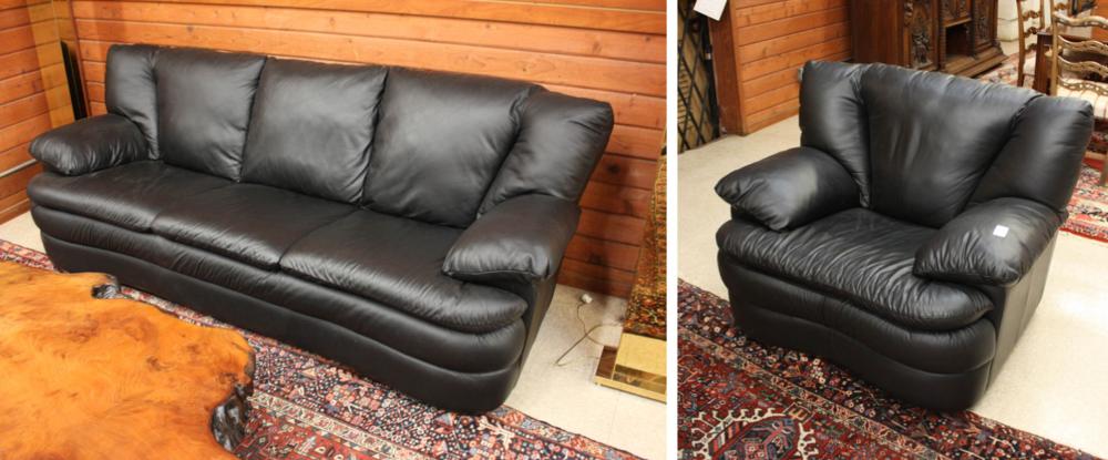 TWO-PIECE BLACK LEATHER SOFA AND