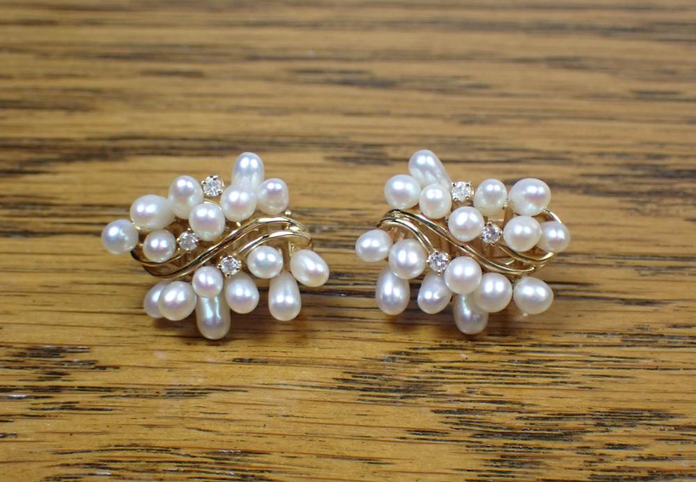 PAIR OF PEARL, DIAMOND AND GOLD