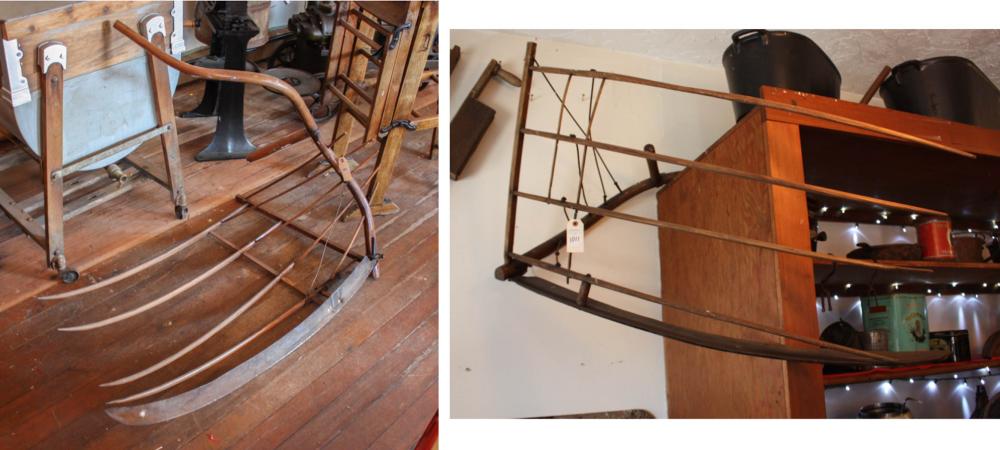 TWO ANTIQUE WOOD AND IRON CRADLE SCYTHESTWO