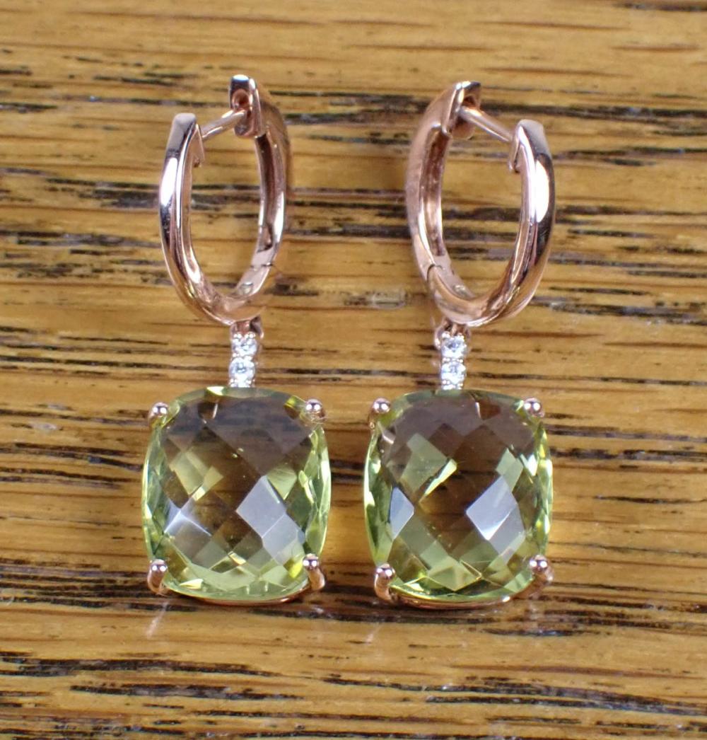 PAIR OF LEMON QUARTZ AND DIAMOND