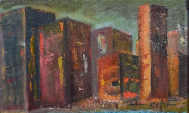 SIGNED OIL ON BURLAP CANVAS CITYSCAPEOil 34015d