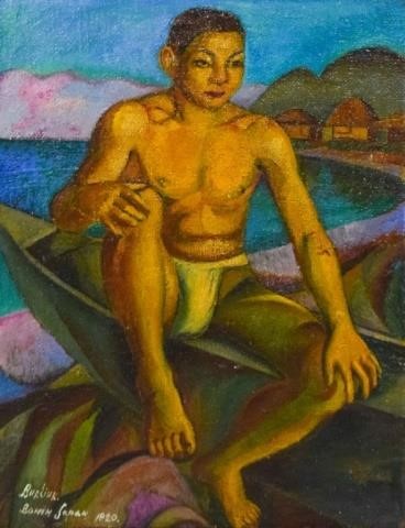 DAVID BURLIUK OIL ON BURLAP FISHERMAN  3401b5