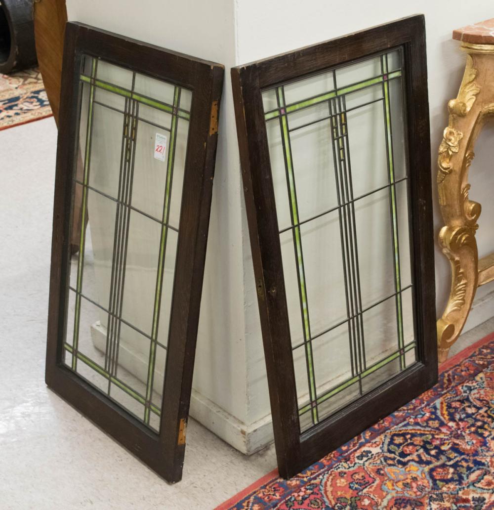 PAIR OF STAINED AND LEADED GLASS CABINET