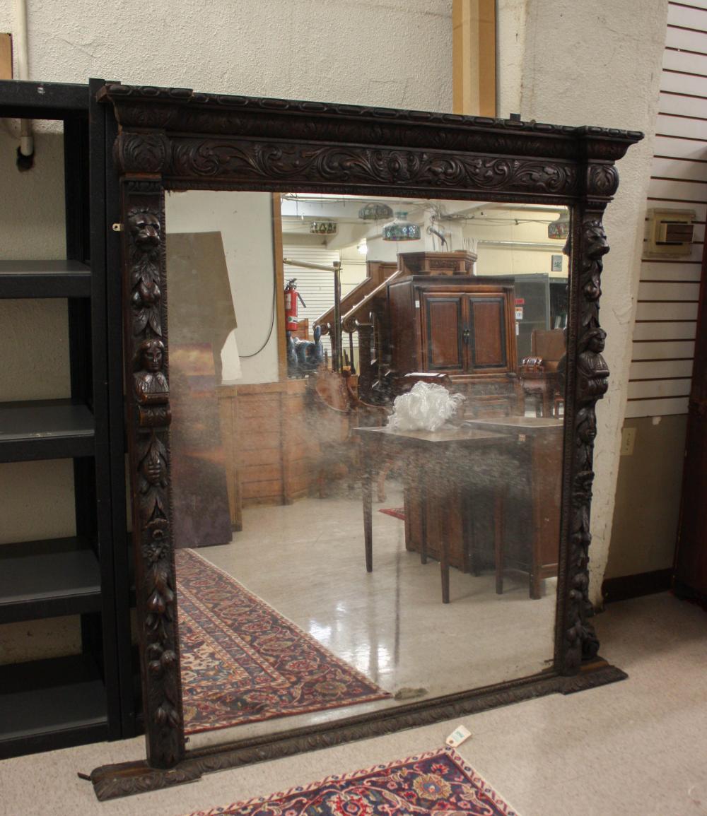 LARGE CARVED OAK OVERMANTEL MIRRORLARGE