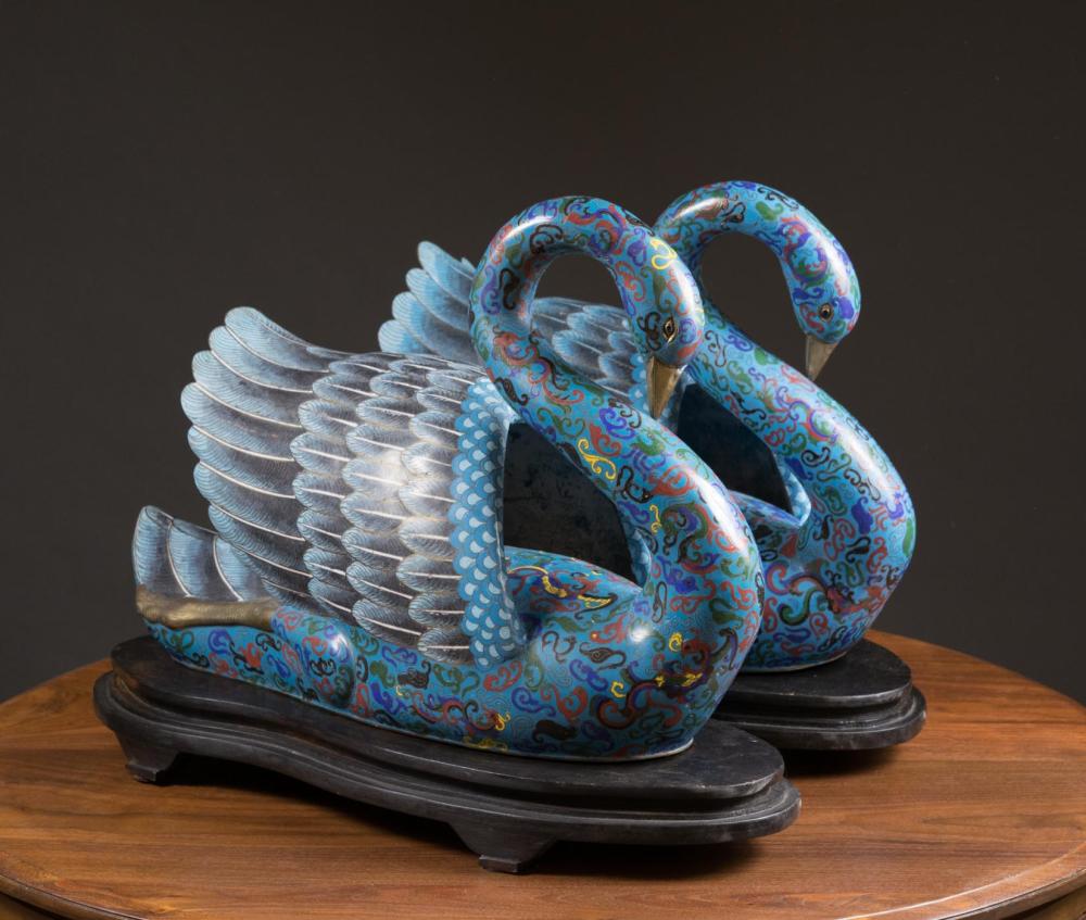 PAIR OF CHINESE CLOISONNE SWANS