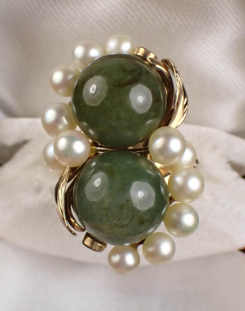 MING'S GOLD RING WITH JADE & PEARLSMING'S