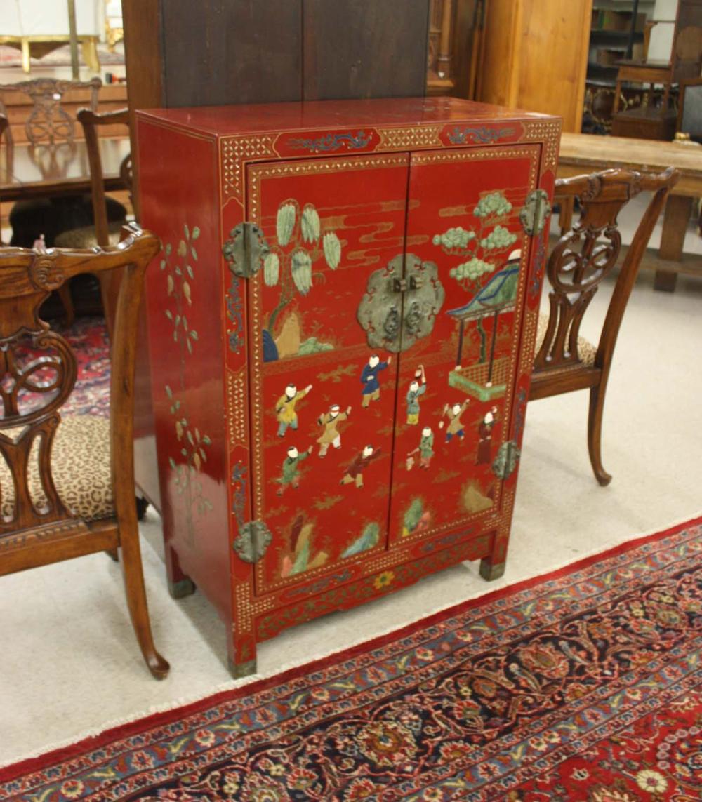 RED LACQUER TWO-DOOR CABINET, J.
