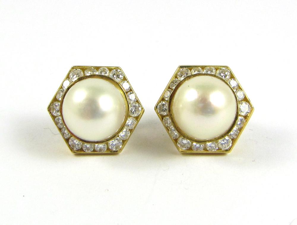 PAIR OF PEARL, DIAMOND AND EIGHTEEN