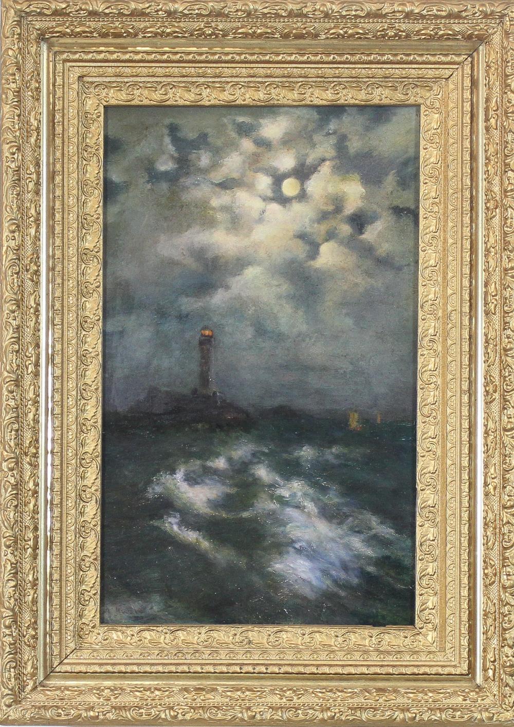 A. HUBLE OIL ON CANVAS, LIGHTHOUSE AT
