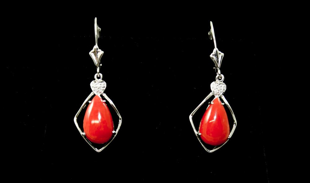 PAIR OF CORAL AND DIAMOND DANGLE