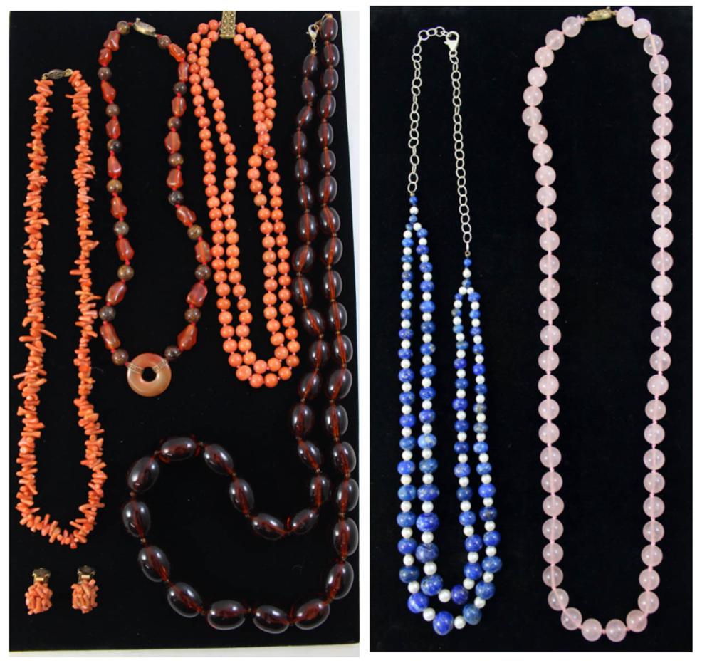 SIX BEAD NECKLACES AND A PAIR OF 33e878