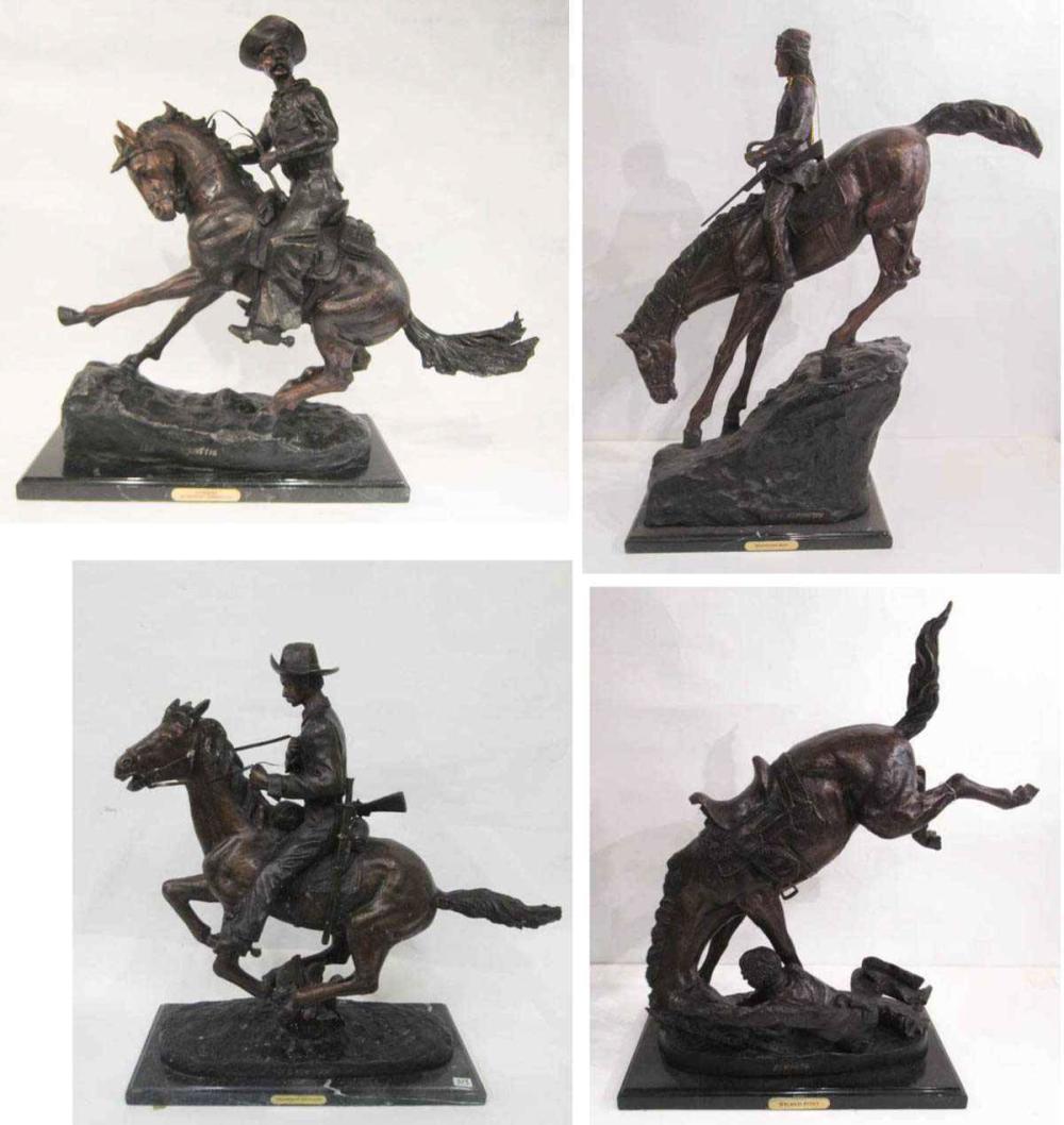 FOUR WESTERN BRONZE HORSE AND RIDER