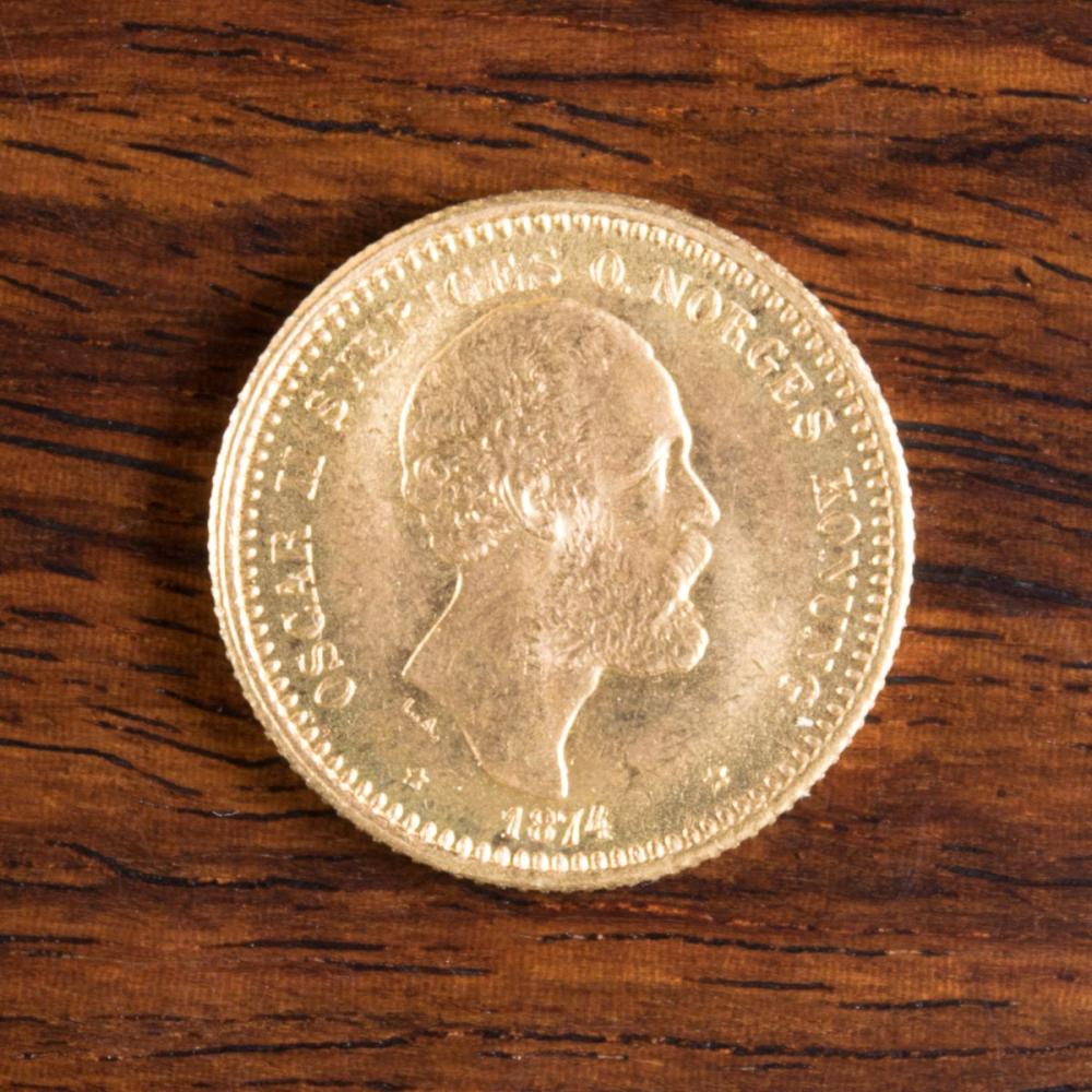 1874 SWEDISH TEN KRONOR GOLD COIN,