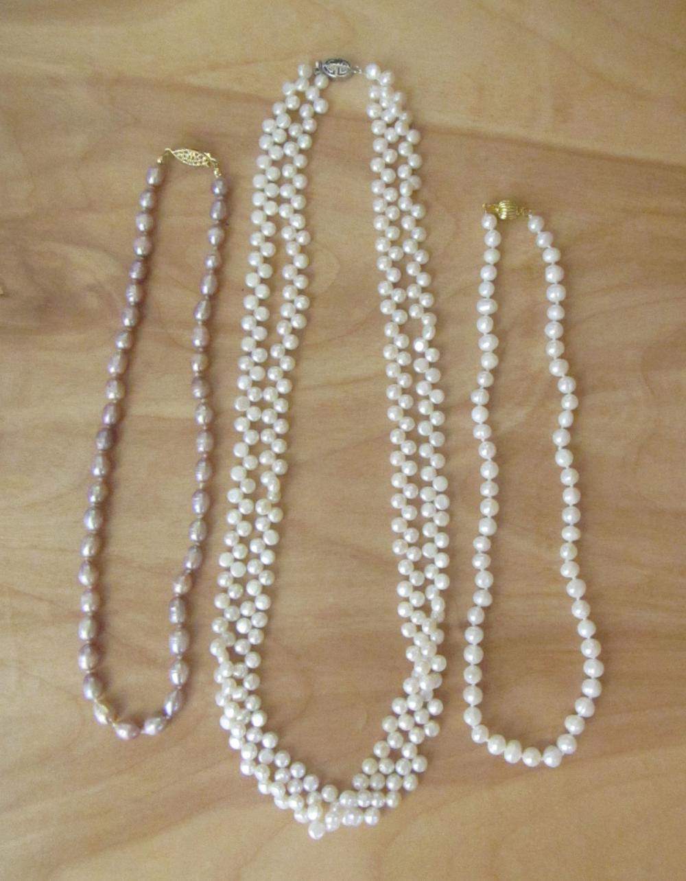 THREE FRESHWATER PEARL NECKLACES  33eb3f