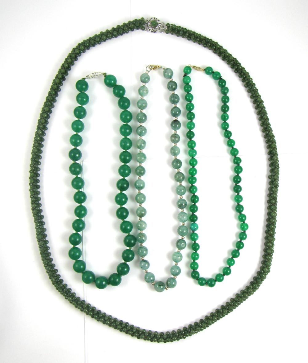 FOUR GREEN HARDSTONE BEAD NECKLACES  33eb81