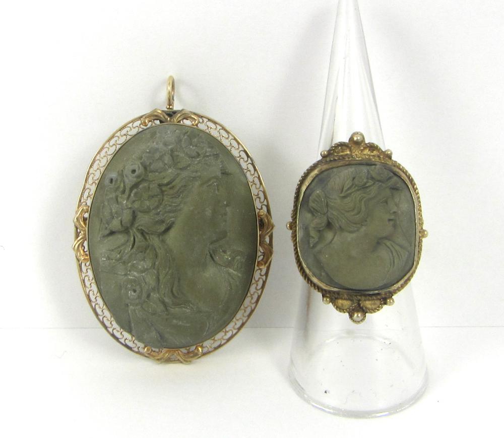 TWO ARTICLES OF LAVA CAMEO JEWELRY  33ebb8