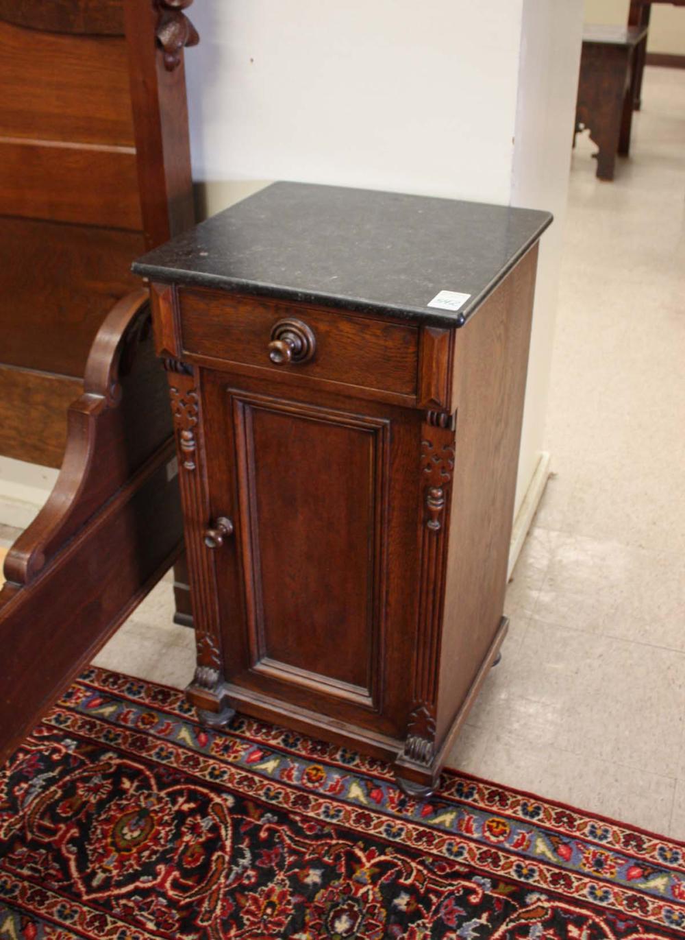 AN OAK MARBLE TOP CABINET NIGHTSTAND  33ebba