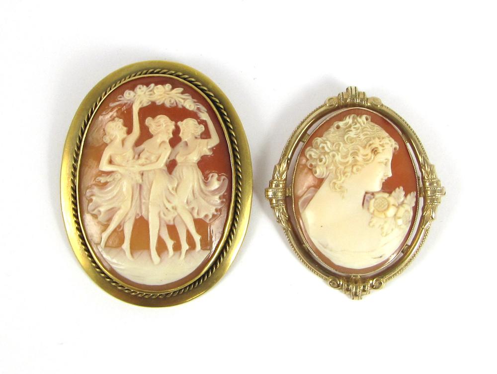 TWO CAMEO AND YELLOW GOLD PENDANT/BROOCHES,