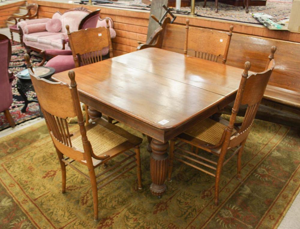 SQUARE OAK DINING TABLE, FOUR CHAIRS