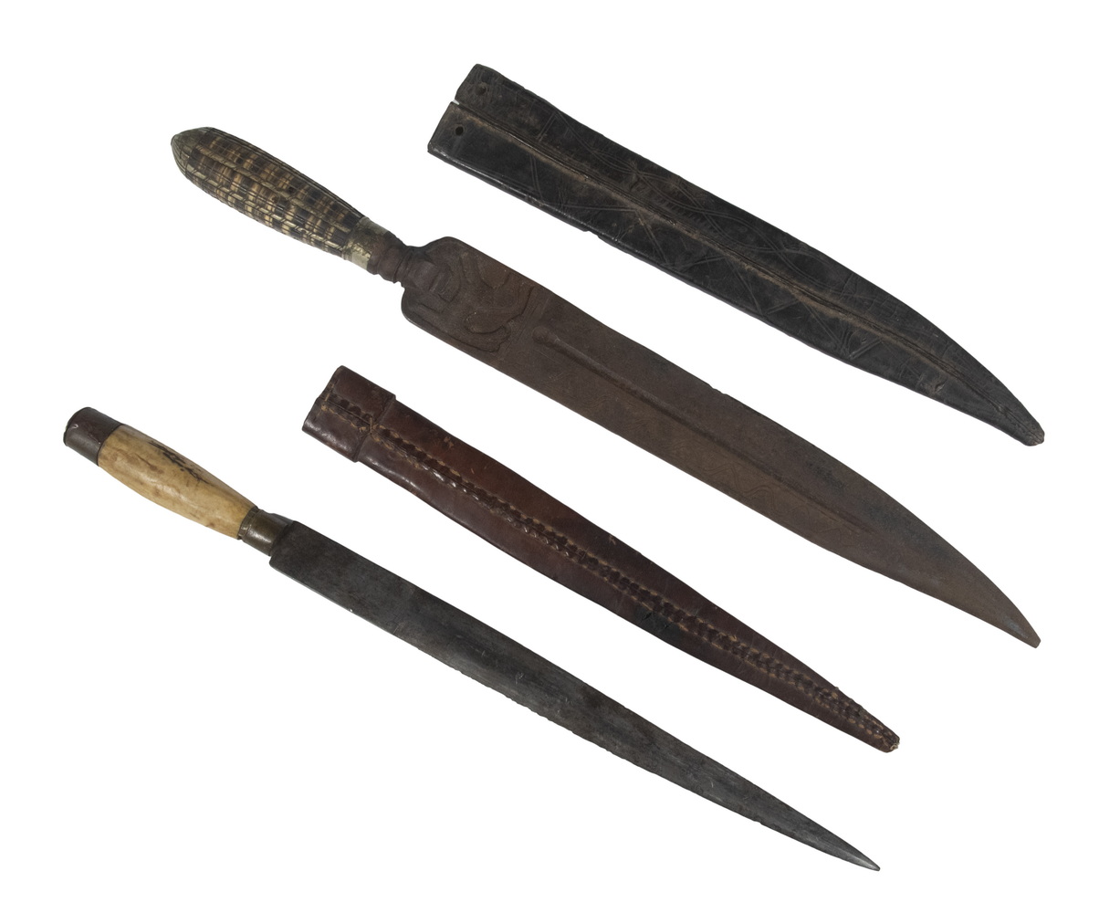 (2) MISC. KNIVES IN LEATHER SCABBARDS