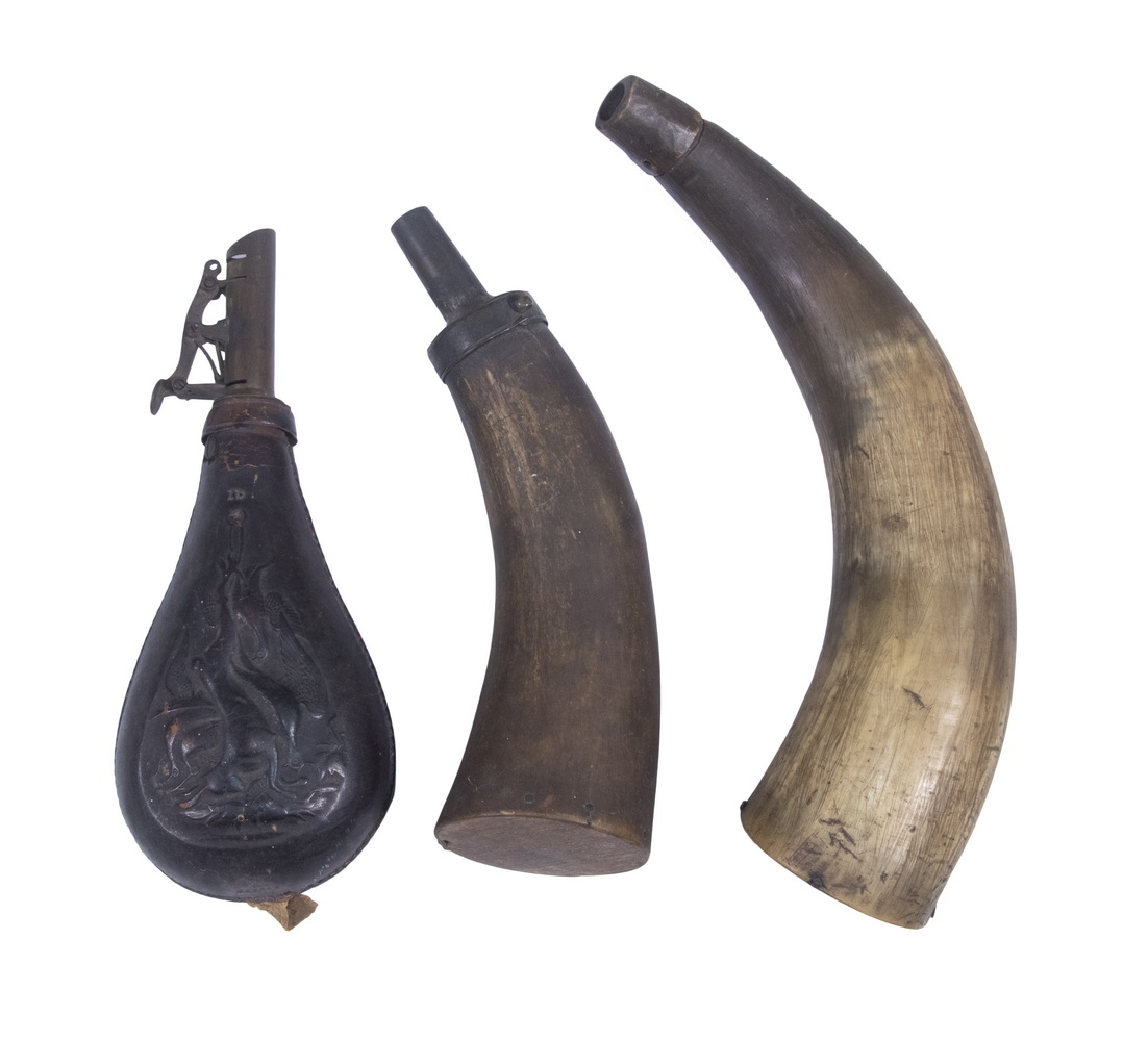 LOT OF (2) POWDER HORNS AND (1) LEATHER