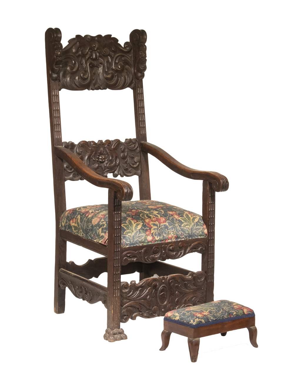 CARVED OAK TALL ARMCHAIR & FOOTREST