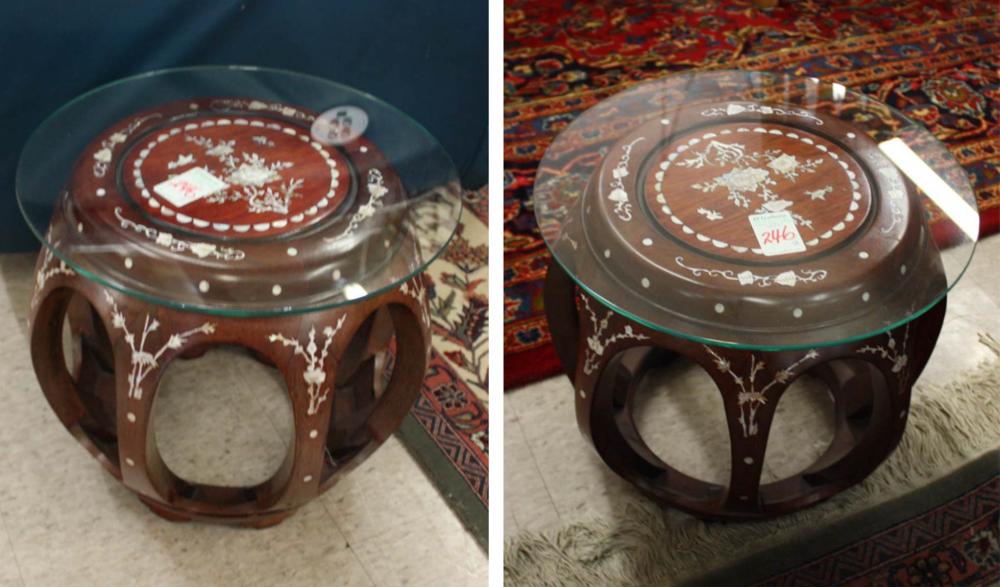 PAIR OF ROUND ROSEWOOD OCCASIONAL