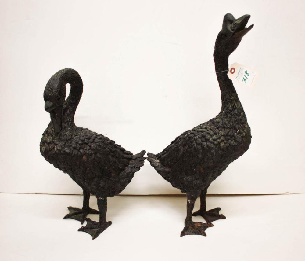 TWO PATINATED BRONZE WATERFOWL, CHINESE