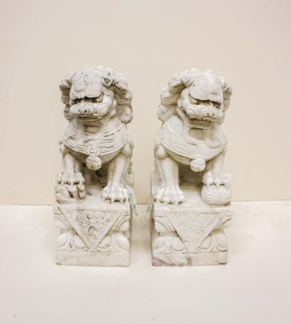 PAIR OF CARVED FOO LIONS ON A STAND,
