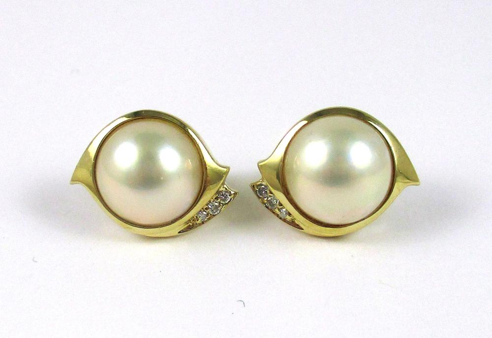 PAIR OF MABE PEARL AND DIAMOND