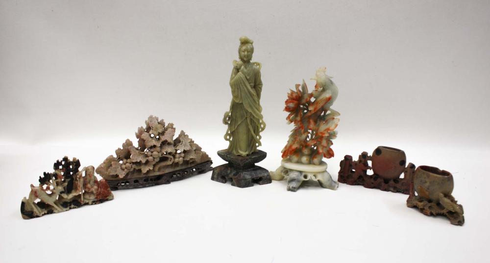 SIX CARVED SOAPSTONE SCULPTURES,