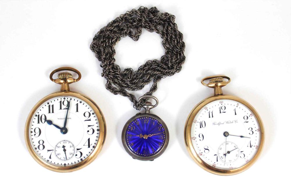 THREE OPEN FACE POCKET WATCHES: