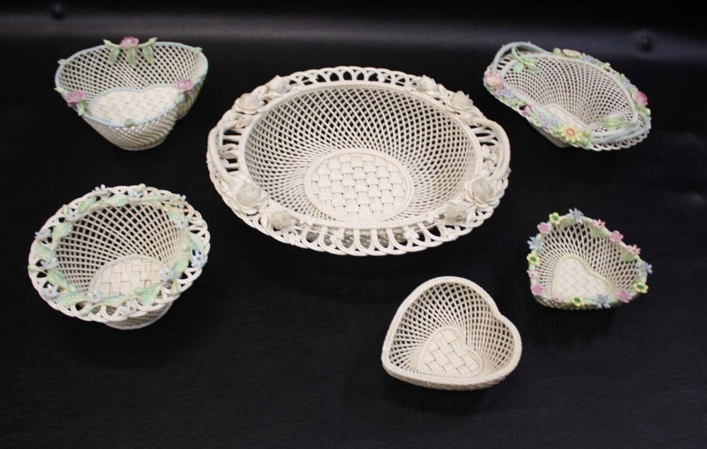 SIX BELLEEK PARIAN PORCELAIN BASKETS,