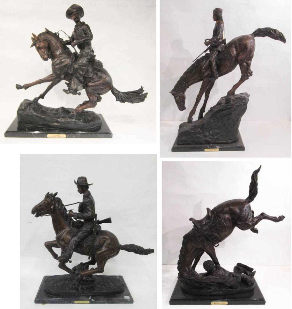 FOUR WESTERN BRONZE HORSE AND RIDER