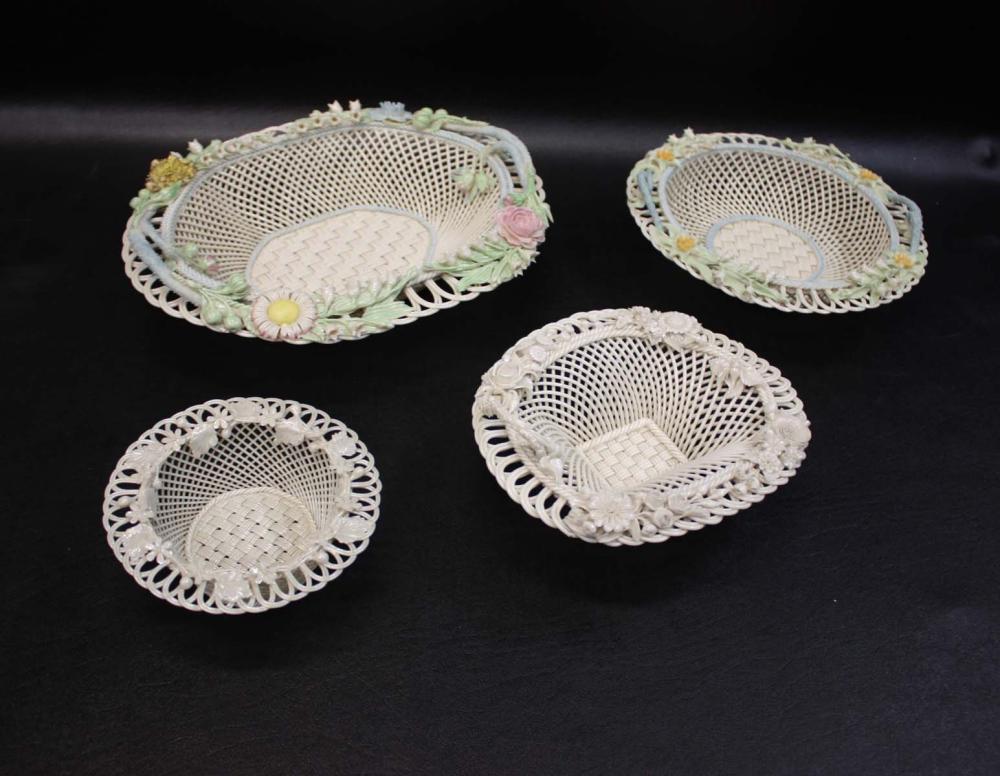 FOUR BELLEEK PARIAN PORCELAIN BASKETS,