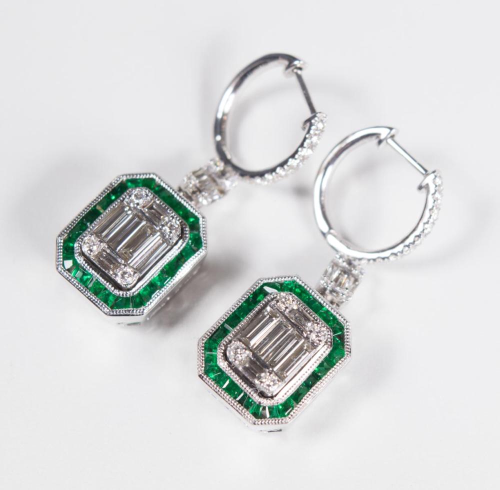 PAIR OF DIAMOND, EMERALD AND EIGHTEEN