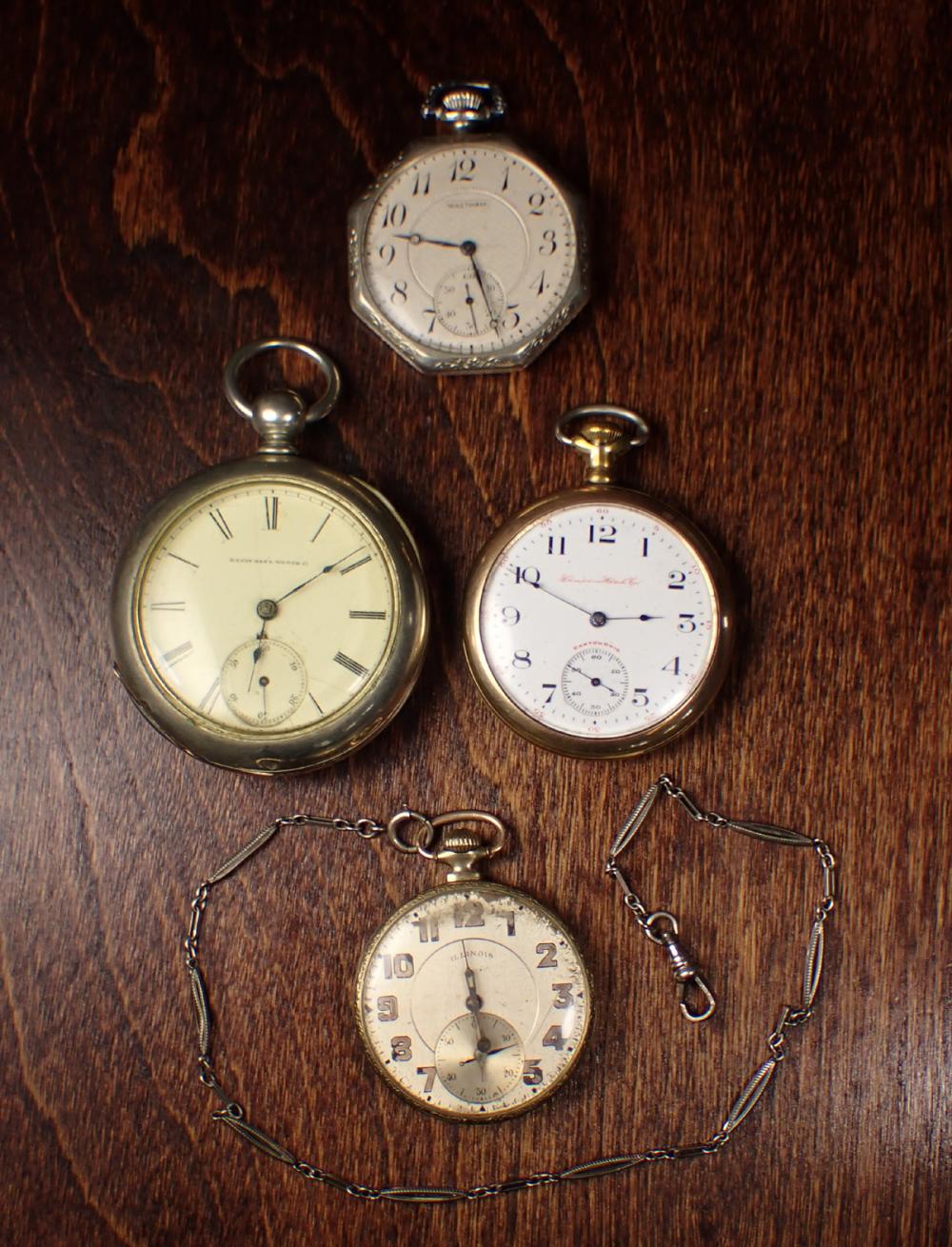 FOUR OPEN FACE POCKET WATCHES: