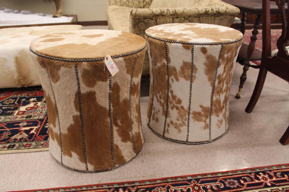 PAIR OF PAUL ROBERT COWHIDE DRUM TABLESPAIR