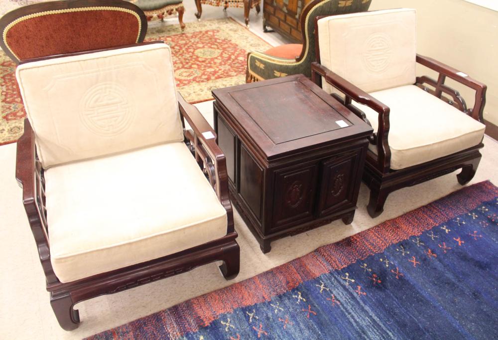CHINESE ARMCHAIRS AND CABINET END