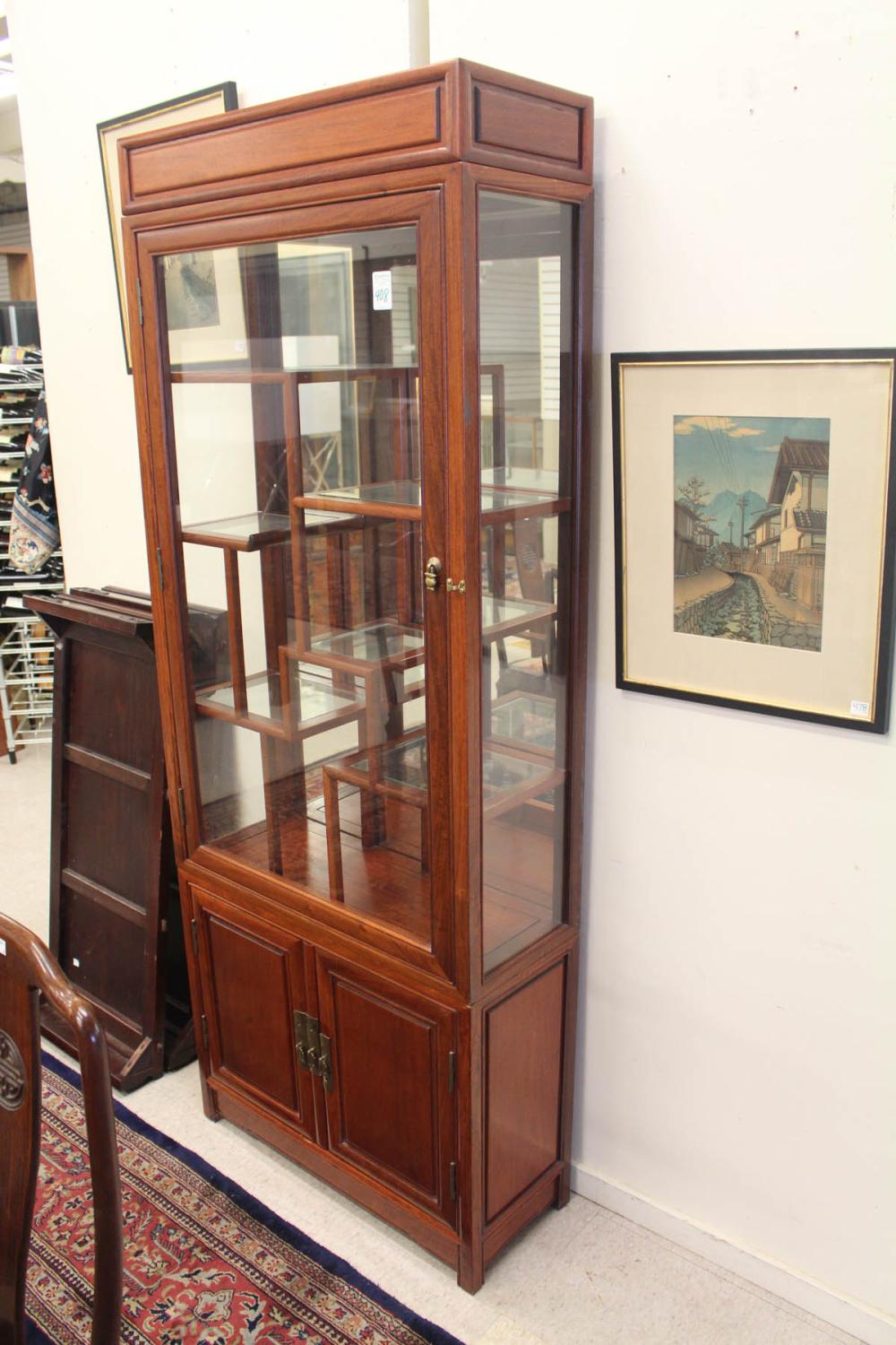 CHINESE ROSEWOOD AND GLASS CABINET